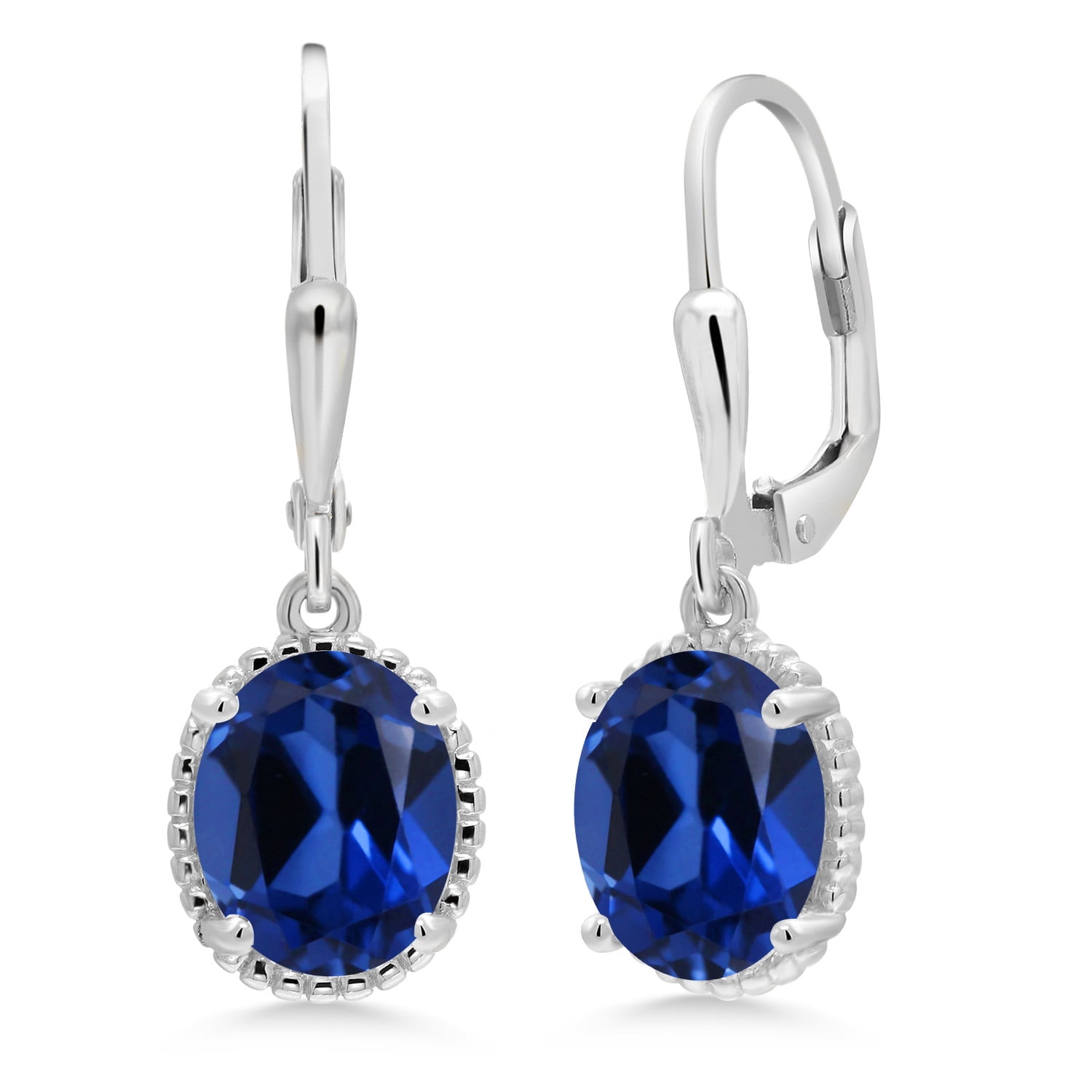 Gem Stone King 925 Sterling Silver Blue Created Sapphire Leverback Dangle Earrings for Women (4.60 Cttw, Gemstone September Birthstone, Oval 9X7MM)