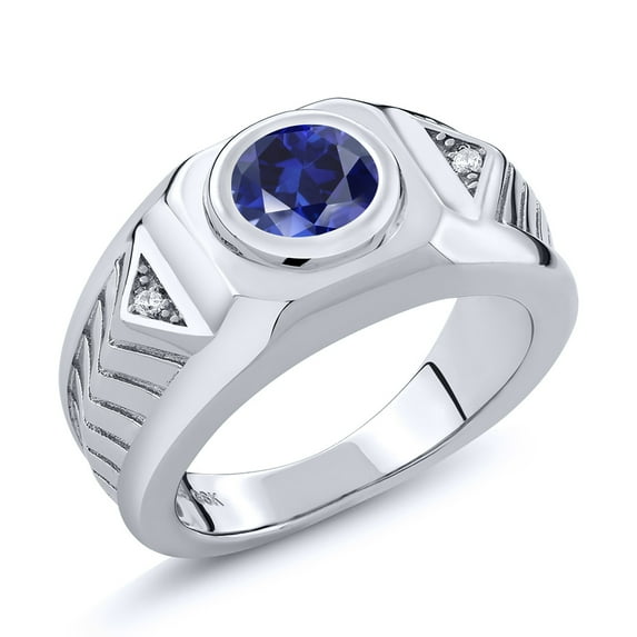 Gem Stone King 925 Sterling Silver Blue Created Sapphire Men's Ring (2.53 Ct Round, Available in Size 7, 8, 9, 10, 11, 12, 13)