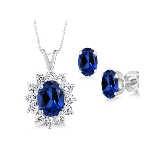 Gem Stone King 925 Sterling Silver Oval Blue Created Sapphire Pendant and Earrings Jewelry Set for Women (3.24 Cttw, with 18 inch Silver Chain)