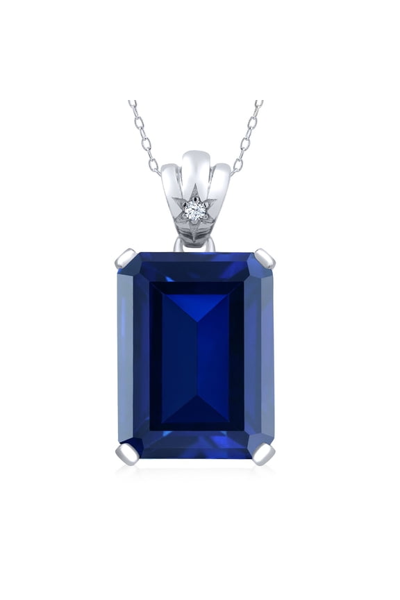 925 Sterling Silver Blue Created Sapphire Pendant Necklace for Women | 17.55 Cttw | Emerald Cut 18X13MM | With 18 inch Silver Chain