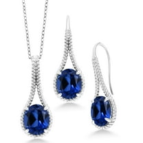 Gem Stone King 925 Sterling Silver Blue Created Sapphire Pendant and Earrings Jewelry Set for Women (18.39 Cttw, Oval 12X10MM, With 18 inch Chain)