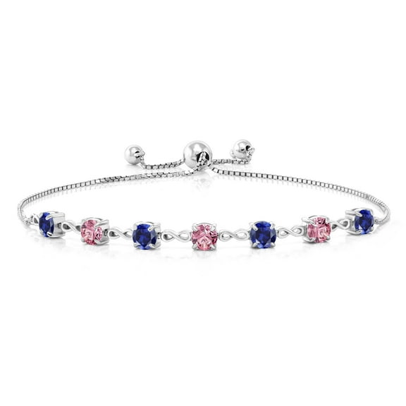 Gem Stone King 925 Sterling Silver Blue Created Sapphire and Pink Lab Grown Diamond Infinity Links Bracelet for Women (2.48 Cttw, Round 4.5MM, Fully Adjustable up to 9 inch)