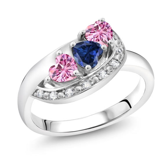 Gem Stone King 925 Sterling Silver Blue Created Sapphire and Pink Moissanite and White Created Sapphire Engagement Ring for Women (1.06 Cttw, Gemstone September Birthstone, Heart Shape 4MM, Size 5)