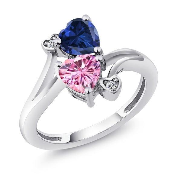 Gem Stone King 925 Sterling Silver Blue Created Sapphire Pink Moissanite and White Diamond Ring for Women (1.63 Cttw, Heart Shape 6MM, Gemstone September Birthstone, Size 7)