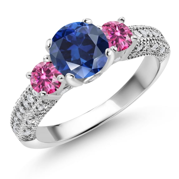 Gem Stone King 925 Sterling Silver Blue Created Sapphire Pink Moissanite and White Moissanite Engagement Ring for Women (2.14 Cttw, Gemstone September Birthstone, Round 7MM and 4MM, Size 9)