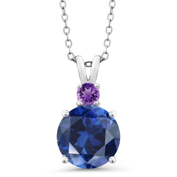 Gem Stone King 925 Sterling Silver Blue Created Sapphire and Purple Amethyst Pendant Necklace for Women (3.81 Cttw, Gemstone September Birthstone, Round 10MM, With 18 inch Chain)
