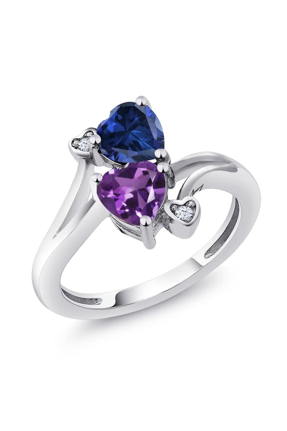 925 Sterling Silver Blue Created Sapphire Purple Amethyst Ring for Women (1.48 Cttw, Heart Shape 6MM, Gemstone September Birthstone, Size 5)