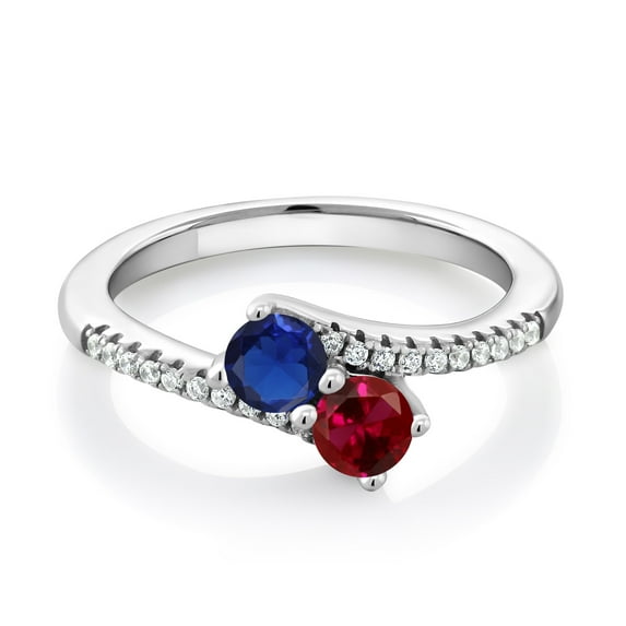 Gem Stone King 925 Sterling Silver Blue Created Sapphire and Red Created Ruby Bypass Ring for Women (0.74 Cttw, Gemstone September Birthstone, Round 4MM, Available in Size 5, 6, 7, 8, 9)