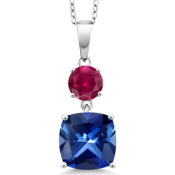 Gem Stone King 6.32 Cttw Blue Created Sapphire and Red Created Ruby Pendant Necklace for Women | 925 Sterling Silver | Gemstone September Birthstone | Cushion 10MM and Round 6MM