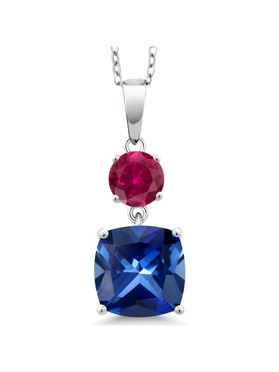 6.32 Cttw Blue Created Sapphire and Red Created Ruby Pendant Necklace for Women | 925 Sterling Silver | Gemstone September Birthstone | Cushion 10MM and Round 6MM