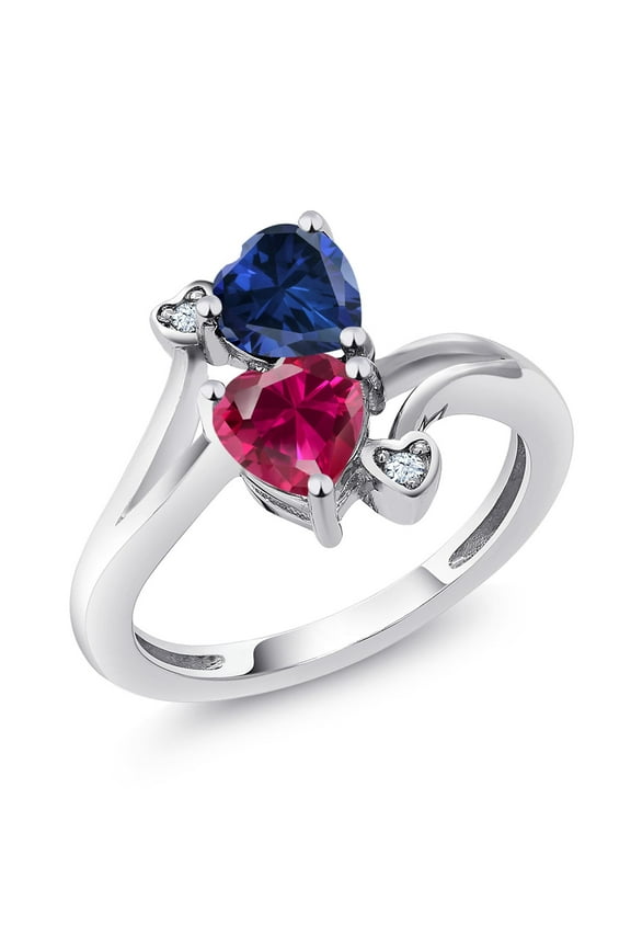925 Sterling Silver Blue Created Sapphire Red Created Ruby Ring for Women (1.79 Cttw, Heart Shape 6MM, Gemstone September Birthstone, Size 7)