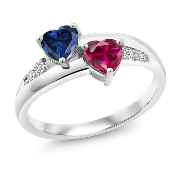 Gem Stone King 925 Sterling Silver Blue Created Sapphire Red Created Ruby and White Lab Grown Diamond Ring for Women (1.29 Cttw, Size 7)