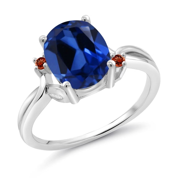 Gem Stone King 925 Sterling Silver Blue Created Sapphire and Red Garnet 3 Stone Ring for Women (3.34 Cttw, Oval 10X8MM, Gemstone September Birthstone, Size 8)