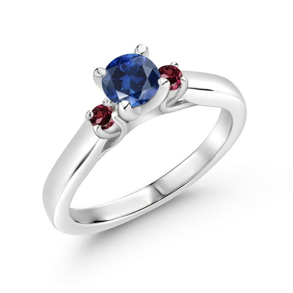 Gem Stone King 925 Sterling Silver Blue Created Sapphire and Red Rhodolite Garnet 3-Stone Engagement Ring for Women (0.78 Cttw, Gemstone September Birthstone, Size 6)
