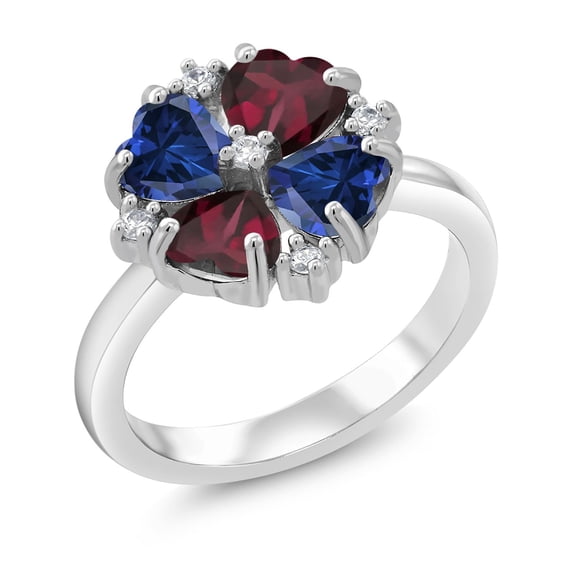 Gem Stone King 925 Sterling Silver Blue Created Sapphire and Red Rhodolite Garnet Ring for Women (2.40 Cttw, Heart Shape 5MM, Gemstone September Birthstone, Size 7)