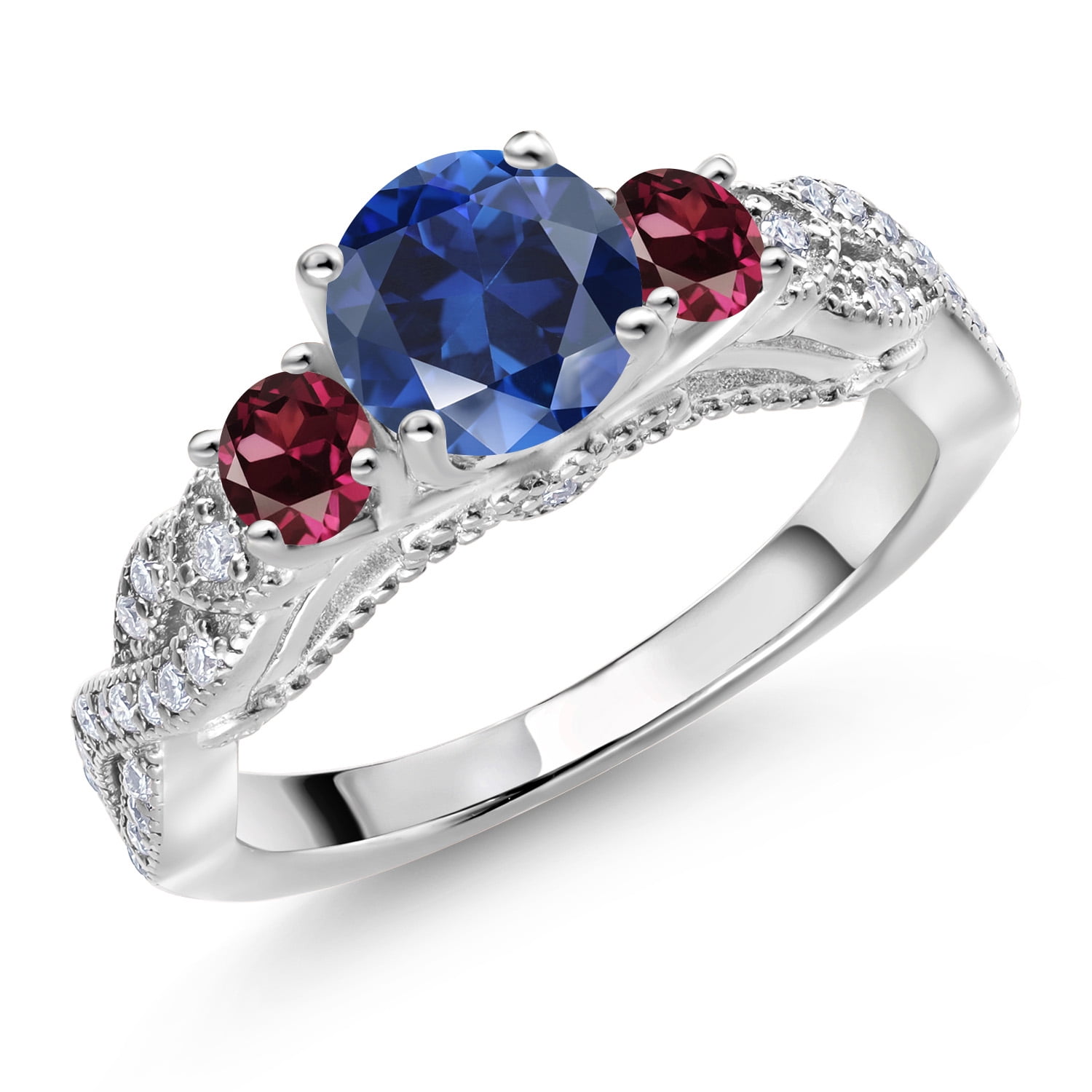 Gem Stone King 925 Sterling Silver Blue Created Sapphire Red Rhodolite Garnet and White Moissanite Engagement Ring for Women (1.51 Cttw, Gemstone September Birthstone, Round 6MM and 3MM, Size 6)