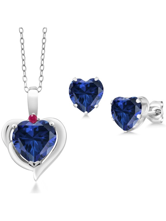 925 Sterling Silver Blue Created Sapphire and Red Ruby Pendant Necklace Earrings Set for Women (2.62 Cttw, Heart Shape 8MM and 6MM, with 18 inch Chain)