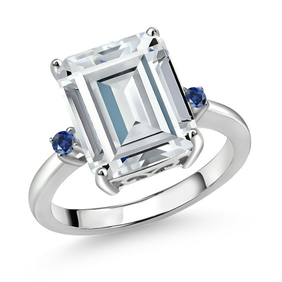 Gem Stone King 925 Sterling Silver Blue Created Sapphire Ring Set with Moissanite (7.47 Cttw) (Size 8)