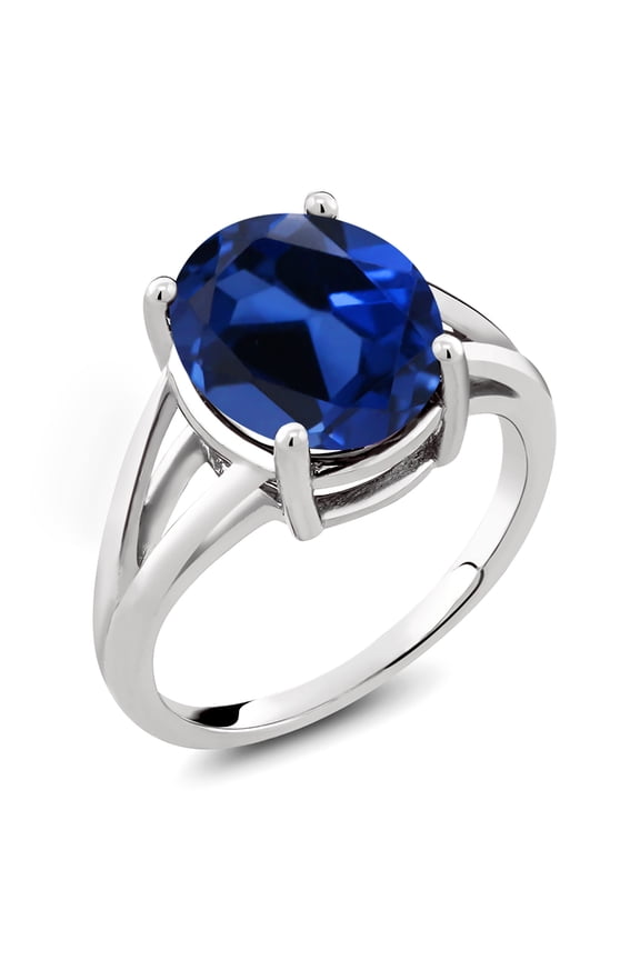 925 Sterling Silver Blue Created Sapphire Ring for Women (6.00 Cttw, Gemstone September Birthstone, Oval 12X10MM, Available in Size 5,6,7,8,9)
