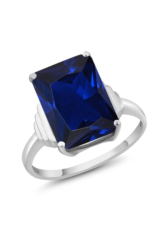 925 Sterling Silver Blue Created Sapphire Ring for Women (10.00 Cttw, Emerald Cut 14X10MM, Gemstone September Birthstone, Size 8)