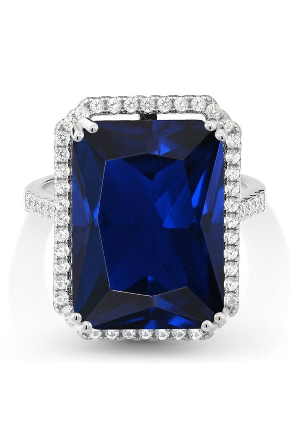 925 Sterling Silver Blue Created Sapphire Ring for Women (18.00 Cttw, Emerald Cut 18X13MM, Available in Size 5, 6, 7, 8, 9)