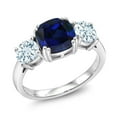 thumbnail image 1 of Gem Stone King 925 Sterling Silver Blue Created Sapphire and Sky Blue Aquamarine 3 Stone Engagement Ring for Women | 3.50 Cttw | Cushion 8MM (Size 6), 1 of 5