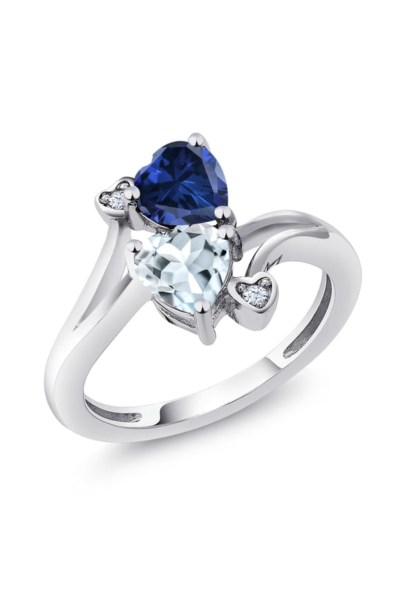 925 Sterling Silver Blue Created Sapphire Sky Blue Aquamarine Ring for Women (1.50 Cttw, Heart Shape 6MM, Gemstone September Birthstone, Size 5)