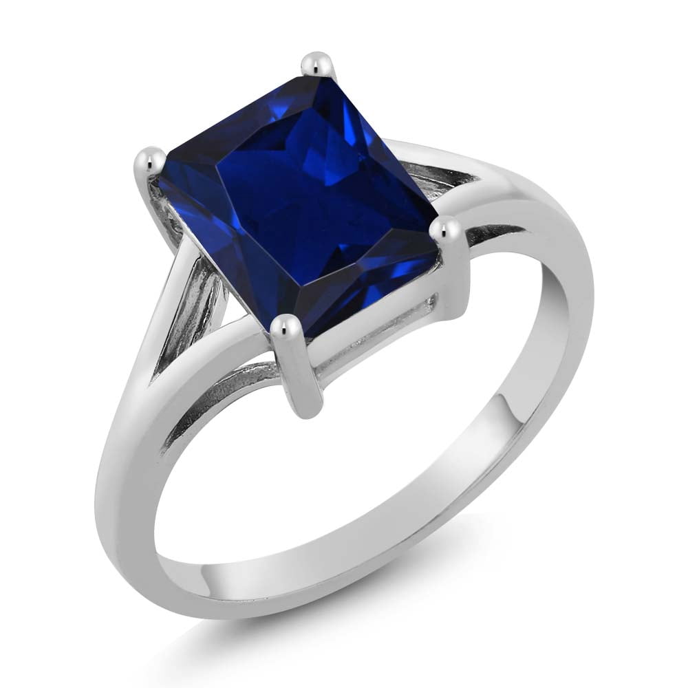 Gem Stone King 925 Sterling Silver Blue Created Sapphire Solitaire Engagement Ring for Women (2.70 Cttw, Emerald Cut 9X7MM, Gemstone September Birthstone, Size 8)