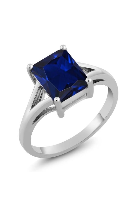 2.70 Cttw Blue Created Sapphire Solitaire Engagement Ring for Women | 925 Sterling Silver | Emerald Cut 9X7MM | Gemstone September Birthstone | Available in Size 5, 6, 7, 8, 9 | Size 5