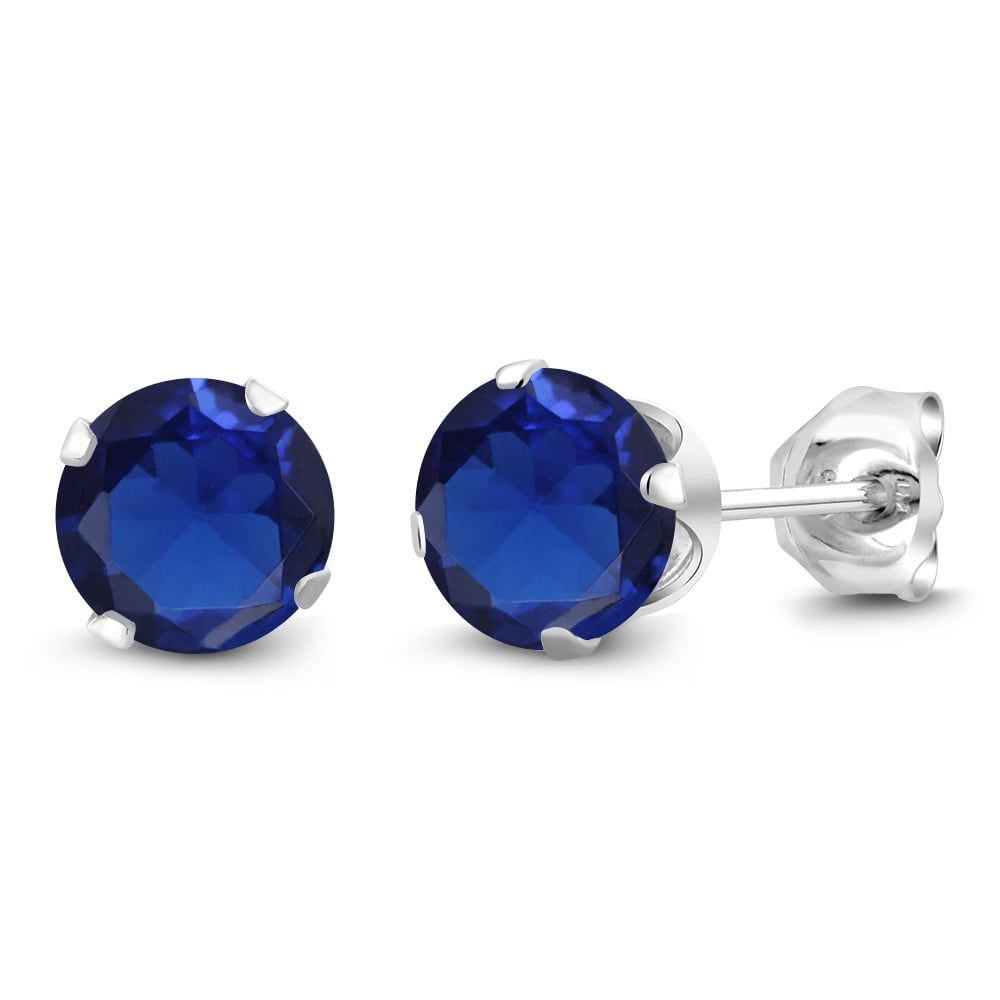 Gem Stone King 925 Sterling Silver Blue Created Sapphire Stud Earrings for Women Men (2.00 Cttw, Gemstone September Birthstone, Round 6MM)