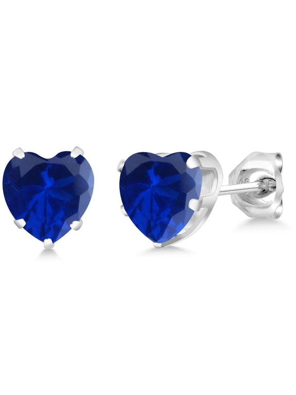 925 Sterling Silver Blue Created Sapphire Stud Earrings for Women Men (2.14 Cttw, Heart Shape 6MM)