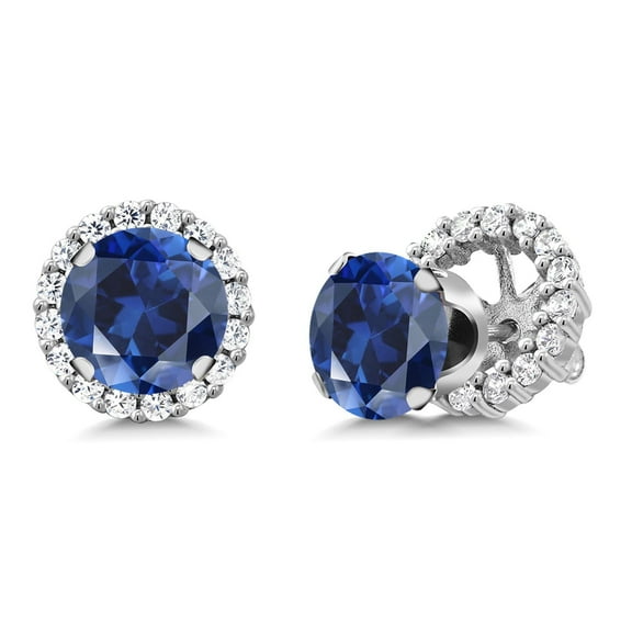 Gem Stone King 925 Sterling Silver Blue Created Sapphire Stud Earrings with Jackets for Women (3.78 Cttw, Gemstone September Birthstone, Round 7MM)