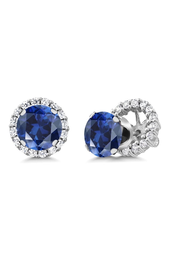 925 Sterling Silver Blue Created Sapphire Stud Earrings with Jackets for Women (3.78 Cttw, Gemstone September Birthstone, Round 7MM)
