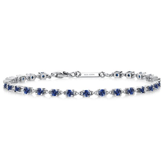 Gem Stone King 925 Sterling Silver Blue Created Sapphire Tennis Bracelet | 1.76 Cttw | Round: 2.5MM | 7 inch