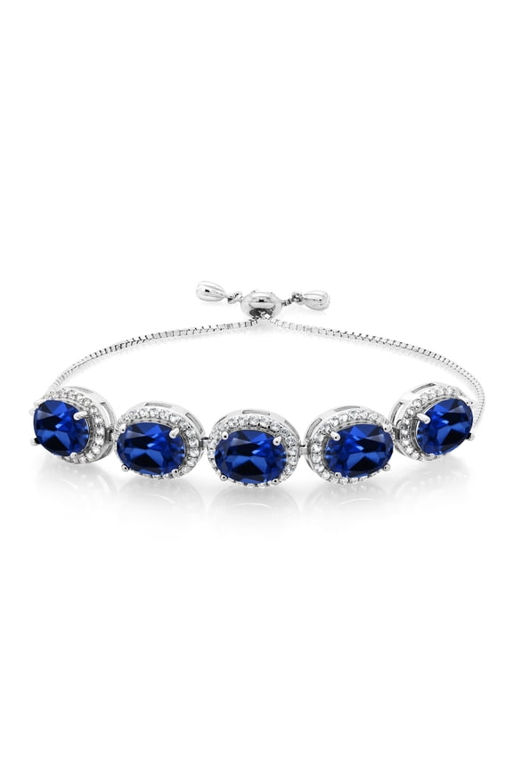 925 Sterling Silver Blue Created Sapphire Tennis Bracelet for Women (12.55 Cttw, Oval 9X7MM, Gemstone September Birthstone, Fully Adjustable up to 9 inch)