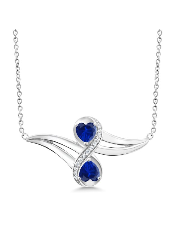 925 Sterling Silver Blue Created Sapphire and White Created Sapphire 2 Heart Women's Infinity Pendant Necklace for Women (1.13 Cttw, Heart 5MM, with 18 inch Silver Chain)