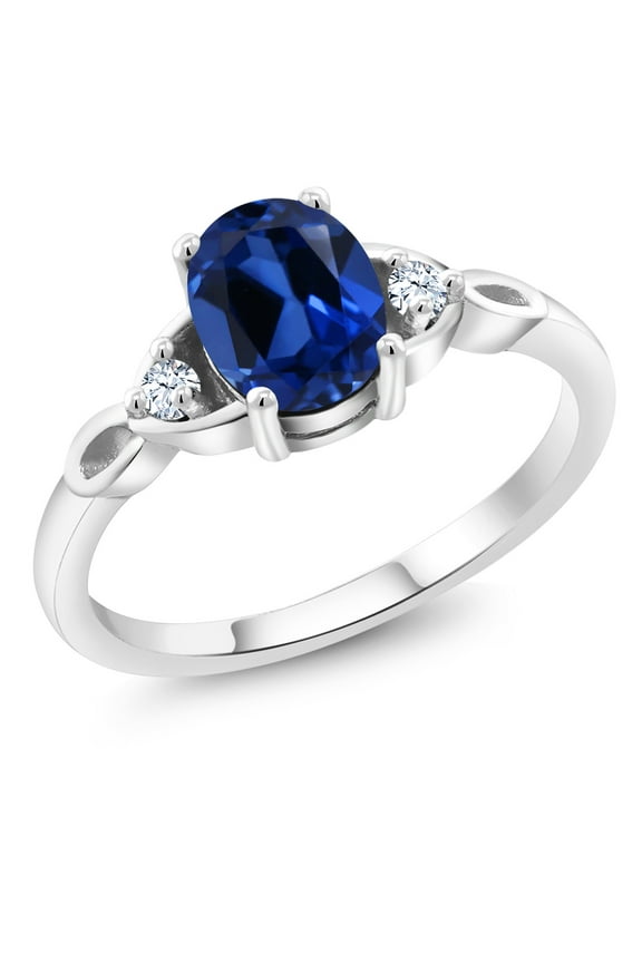 925 Sterling Silver Blue Created Sapphire and White Created Sapphire 3-Stone Rings for Women (1.68 Cttw, Gemstone September Birthstone, Oval 8X6MM, Available in Size 5, 6, 7, 8, 9)