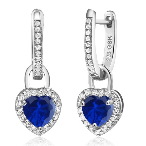 Gem Stone King 925 Sterling Silver Blue Created Sapphire and White Created Sapphire Dangle Earrings for Women (2.10 Cttw, Gemstone September Birthstone, Heart Shape 6MM)