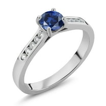 Gem Stone King 925 Sterling Silver Blue Created Sapphire and White Created Sapphire Engagement Ring for Women | 0.70 Cttw | Round 5MM | Gemstone September Birthstone | Size 5
