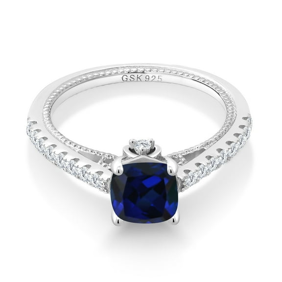 Gem Stone King 925 Sterling Silver Blue Created Sapphire and White Created Sapphire Engagement Ring for Women (1.27 Cttw, Cushion 6MM, Available in Size 5, 6, 7, 8, 9)