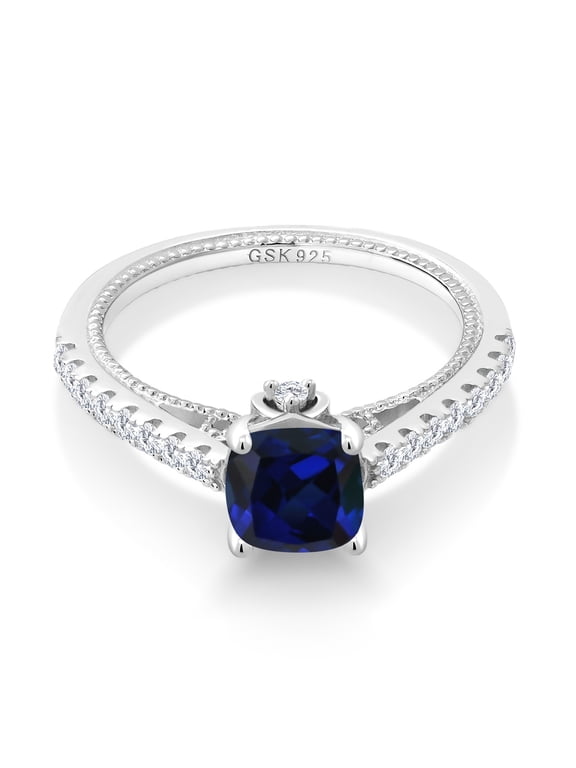 925 Sterling Silver Blue Created Sapphire and White Created Sapphire Engagement Ring for Women (1.27 Cttw, Cushion 6MM, Available in Size 5, 6, 7, 8, 9)