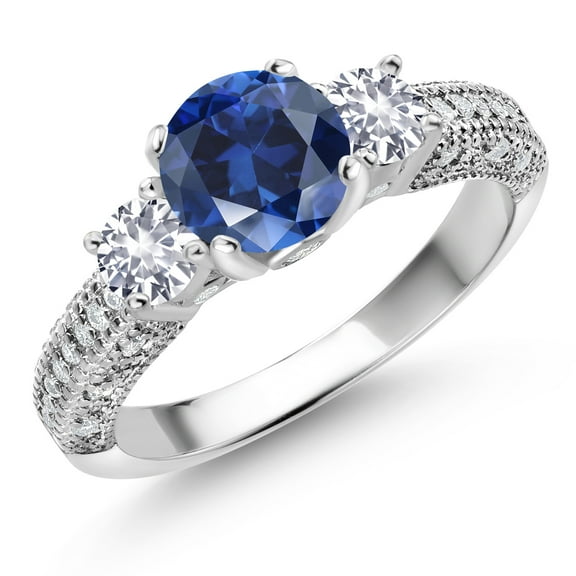 Gem Stone King 925 Sterling Silver Blue Created Sapphire White Created Sapphire and White Moissanite Engagement Ring for Women (2.18 Cttw, Gemstone September Birthstone, Round 7MM and 4MM, Size 6)