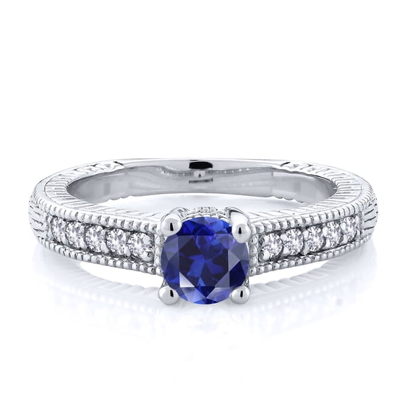 Gem Stone King 925 Sterling Silver Blue Created Sapphire and White Created Sapphire Women's Solitaire Ring with Accent Stones (0.75 Cttw, Round Shape 5MM, Size 5)