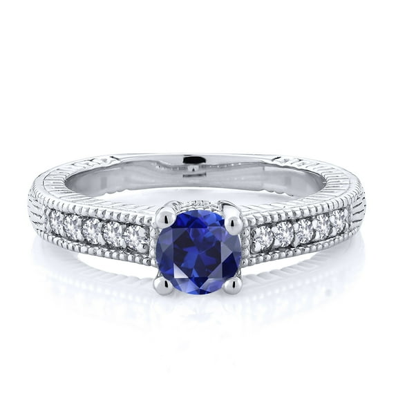 Gem Stone King 925 Sterling Silver Blue Created Sapphire and White Created Sapphire Women's Solitaire Ring with Accent Stones (0.75 Cttw, Round Shape 5MM, Size 9)