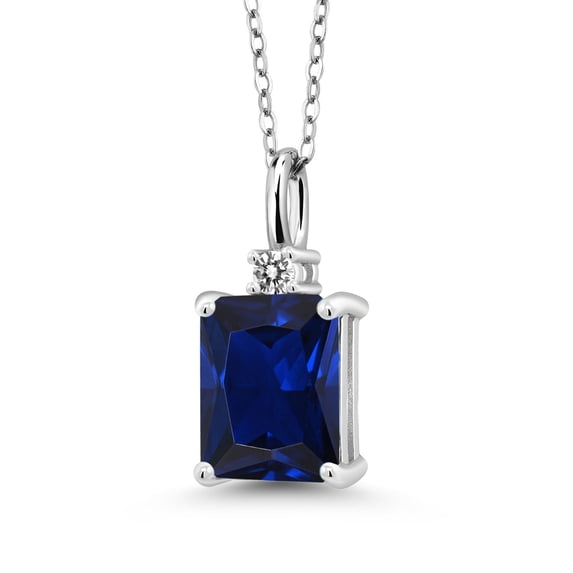 Gem Stone King 925 Sterling Silver Blue Created Sapphire and White Diamond Pendant Necklace for Women | 2.73 Cttw | Gemstone September Birthstone | Emerald Cut 9X7MM | With 18 inch Silver Chain