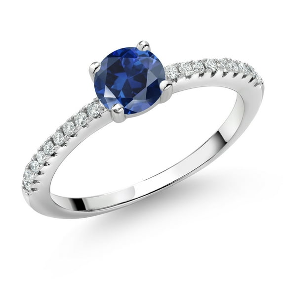Gem Stone King 925 Sterling Silver Blue Created Sapphire and White Lab Grown Diamond Engagement Wedding Anniversary Ring for Women (0.69 Cttw, Round 5MM, Available in Size 5, 6, 7, 8, 9)