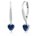 thumbnail image 1 of Gem Stone King 925 Sterling Silver Blue Created Sapphire and White Lab Grown Diamond Leverback Dangle Drop Earrings for Women (1.70 Cttw, Gemstone September Birthstone, Heart Shape 6MM), 1 of 3