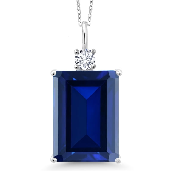 Gem Stone King 925 Sterling Silver Blue Created Sapphire and White Lab Grown Diamond Pendant Necklace for Women (17.77 Cttw, Emerald Cut 18X13MM, With 18 inch Silver Chain)