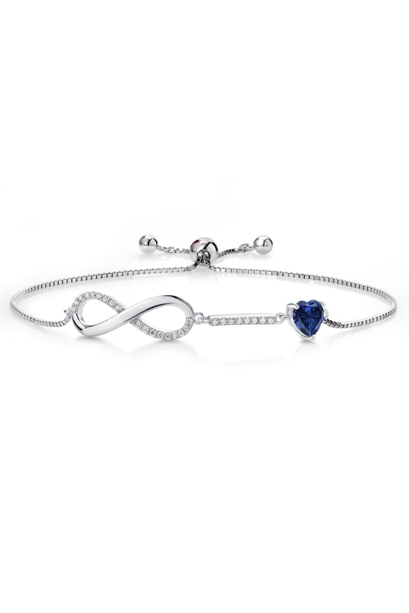 925 Sterling Silver Blue Created Sapphire and White Moissanite Bracelet for Women | 0.93 Cttw | Gemstone September Birthstone | Heart Shape 6MM | Fully Adjustable 9 inch