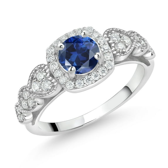 Gem Stone King 925 Sterling Silver Blue Created Sapphire and White Moissanite Engagement Ring for Women (1.38 Cttw, Round 6MM, Gemstone September Birthstone, Size 8)